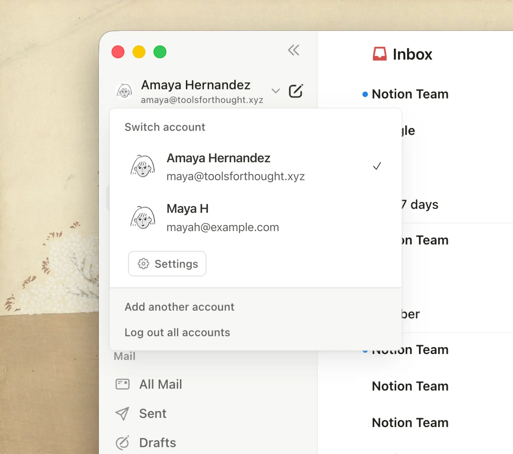 Notion Mail 支持管理多个账户