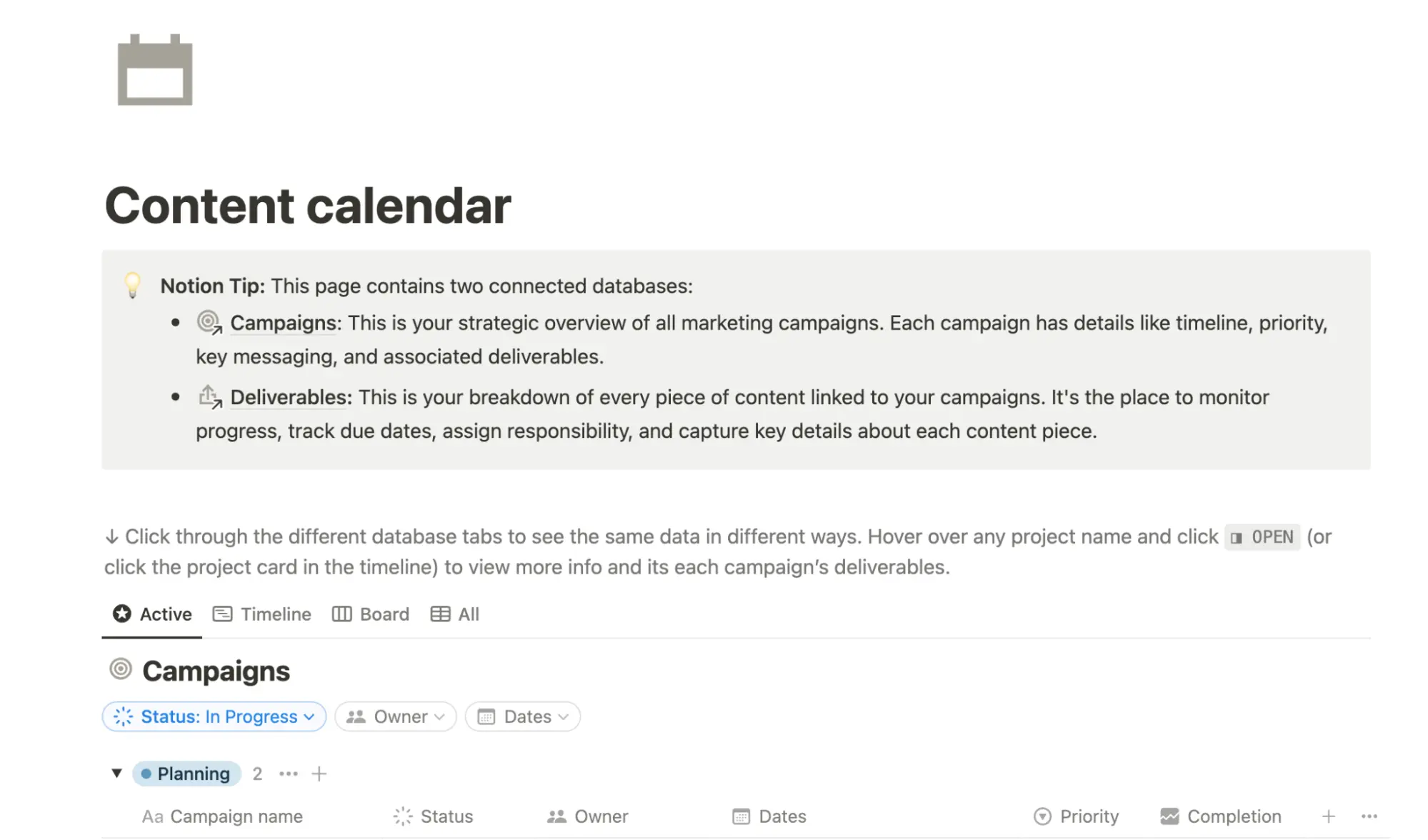 Content calendar