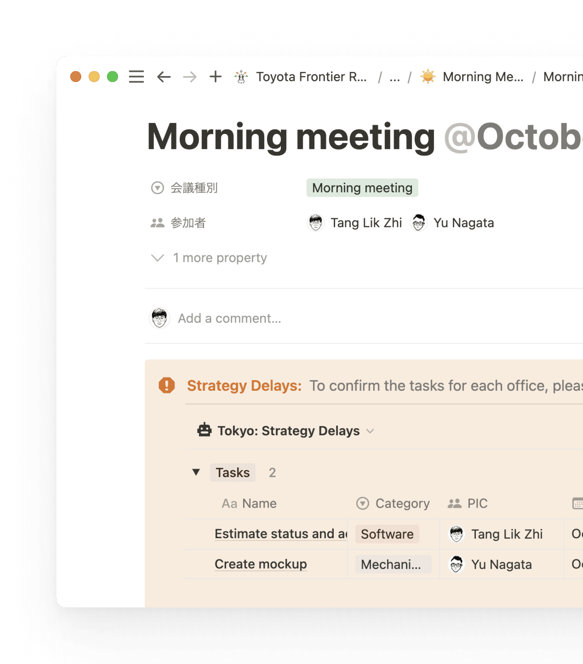 Toyota hat einfache Meeting-Notizen mit Aktionselementen, Zeitleisten und Visualisierungen in eine Datenbank überführt, sodass alle informiert und vorbereitet sind.