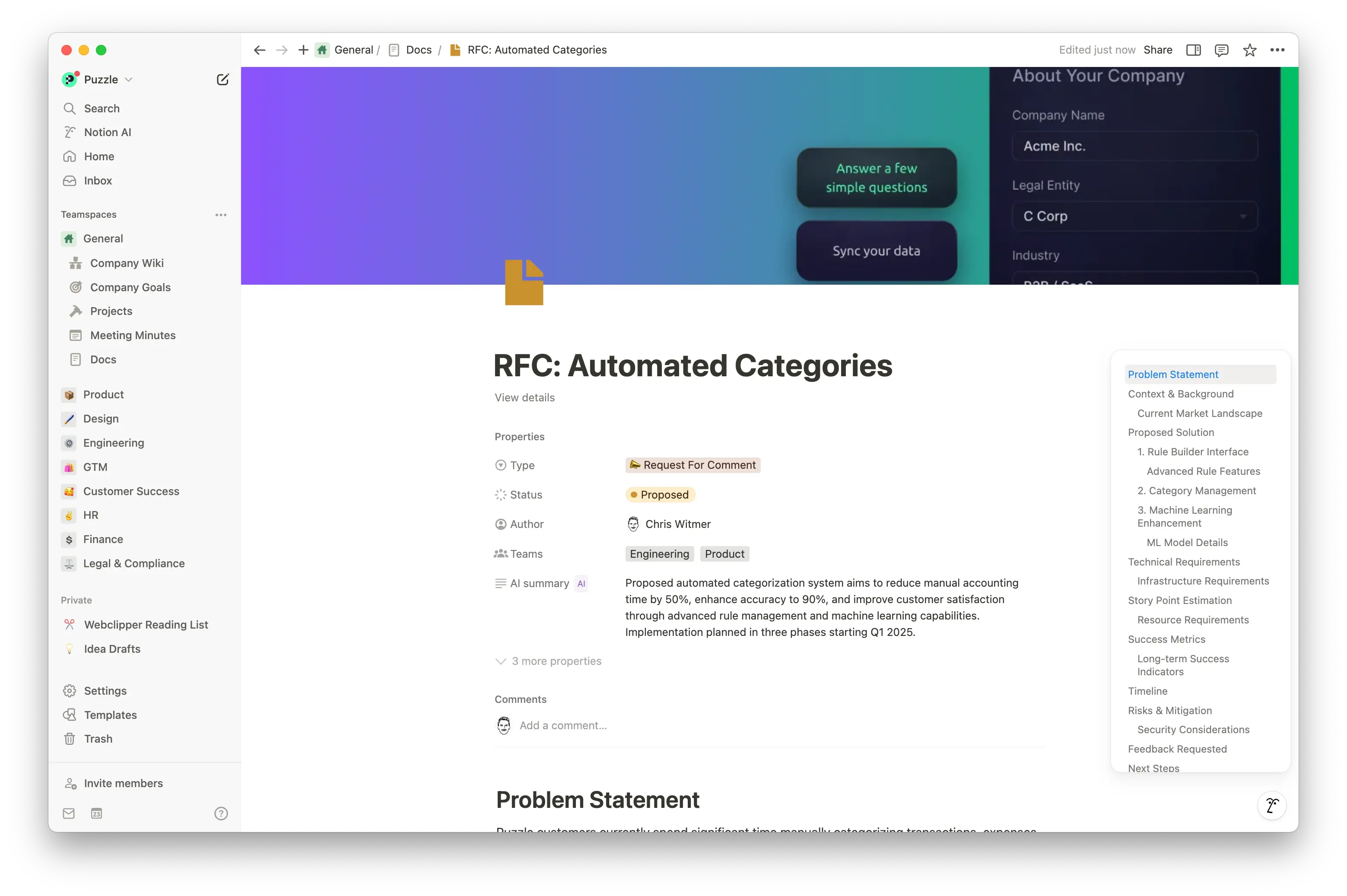 Los documentos Request for Comment (RFC) de Notion proporcionan una estructura clara, colaboración en tiempo real y un enlace perfecto con los documentos y las decisiones para mantener el feedback organizado y acelerar la ejecución.
